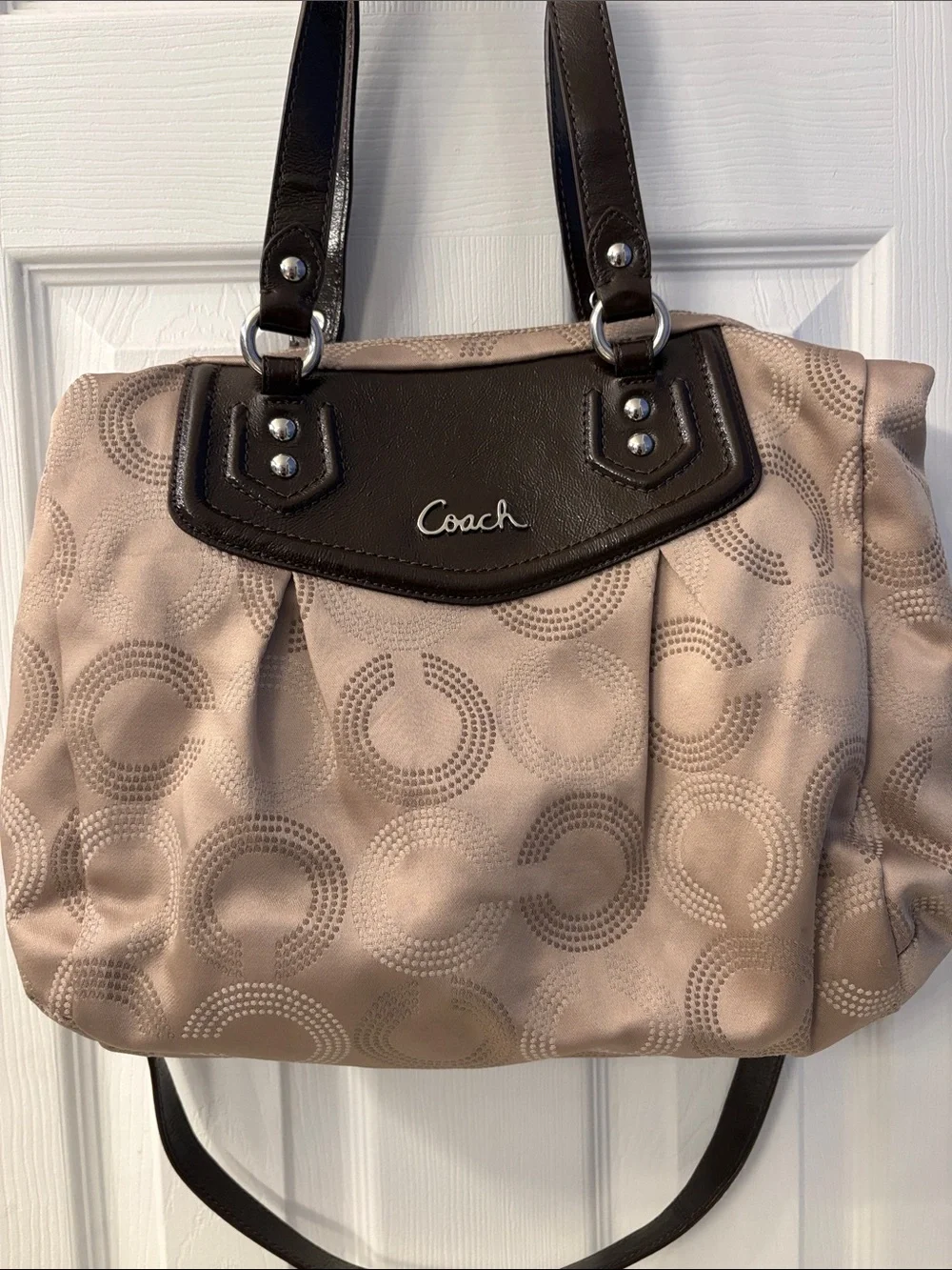 Coach Ashley Taupe Shoulder Tote with Brown Patent Leather Trim, includes Strap